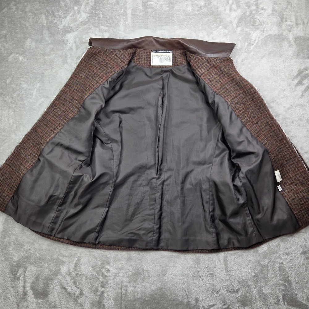 Vintage International Scene Brown Tweed Wool Leather Collar Jacket Luxury 11/12 - Picture 9 of 14